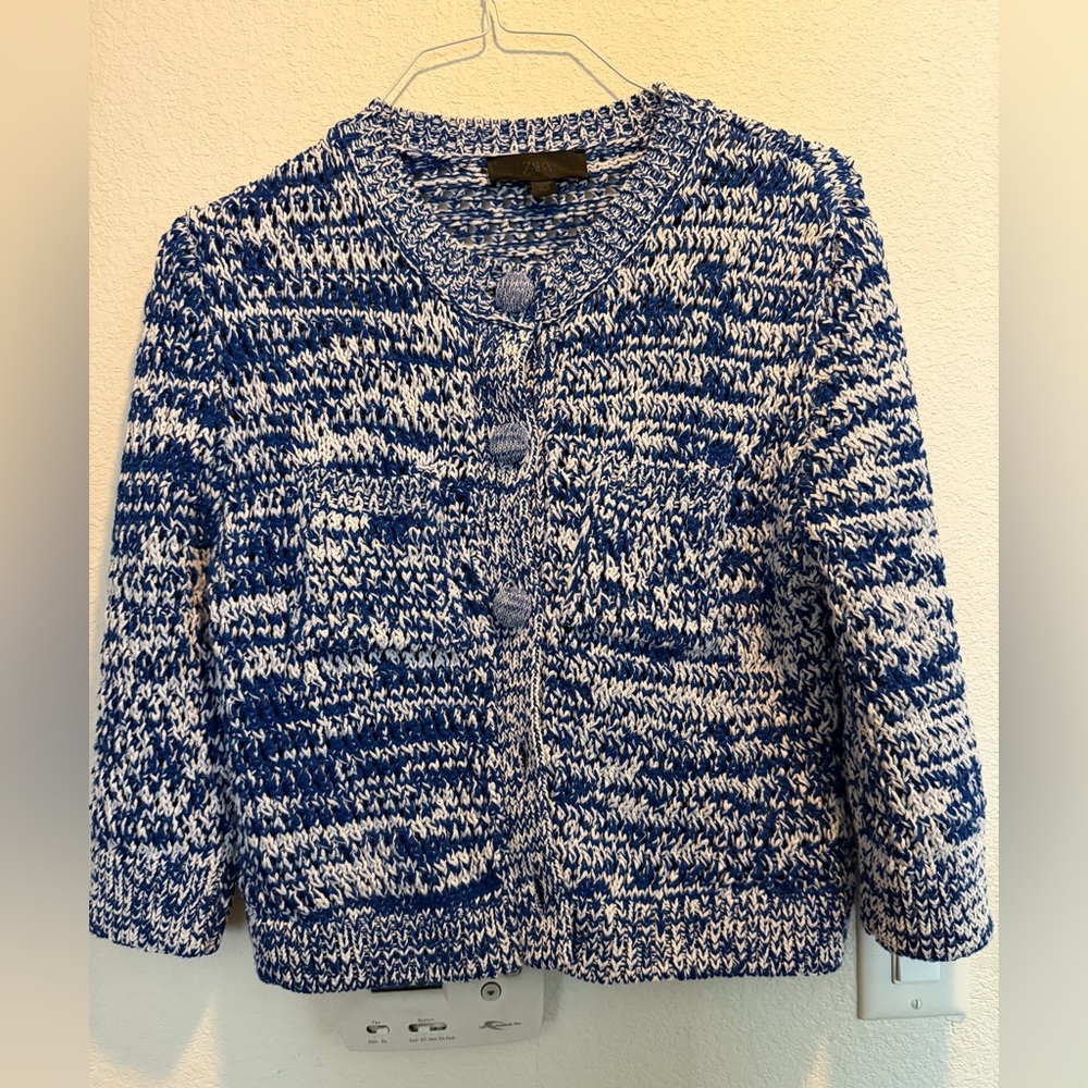 Zara Blue and White Knit Cardigan
